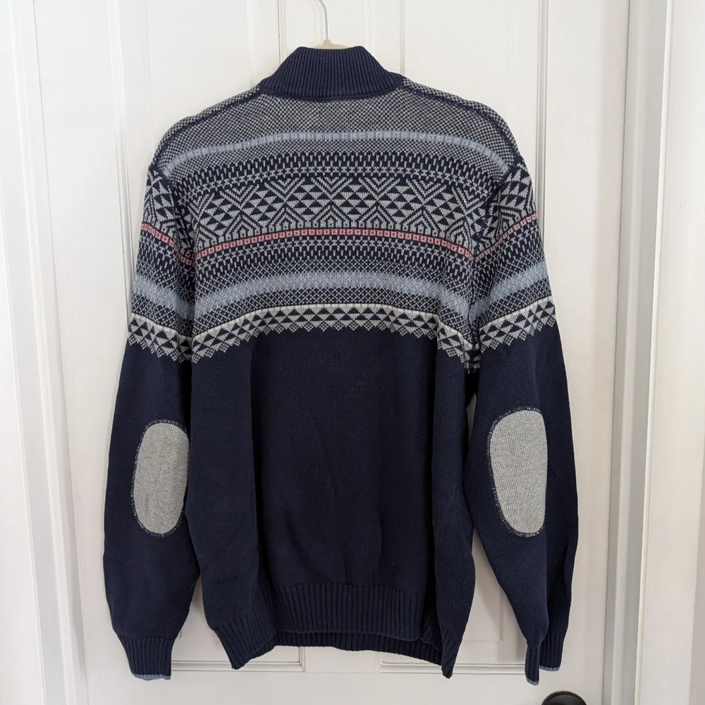 Izod Mens Nordic Fair Isle Sweater XTRA LARGE Preppy Grandpa Elbow Patch 1/4 Zip